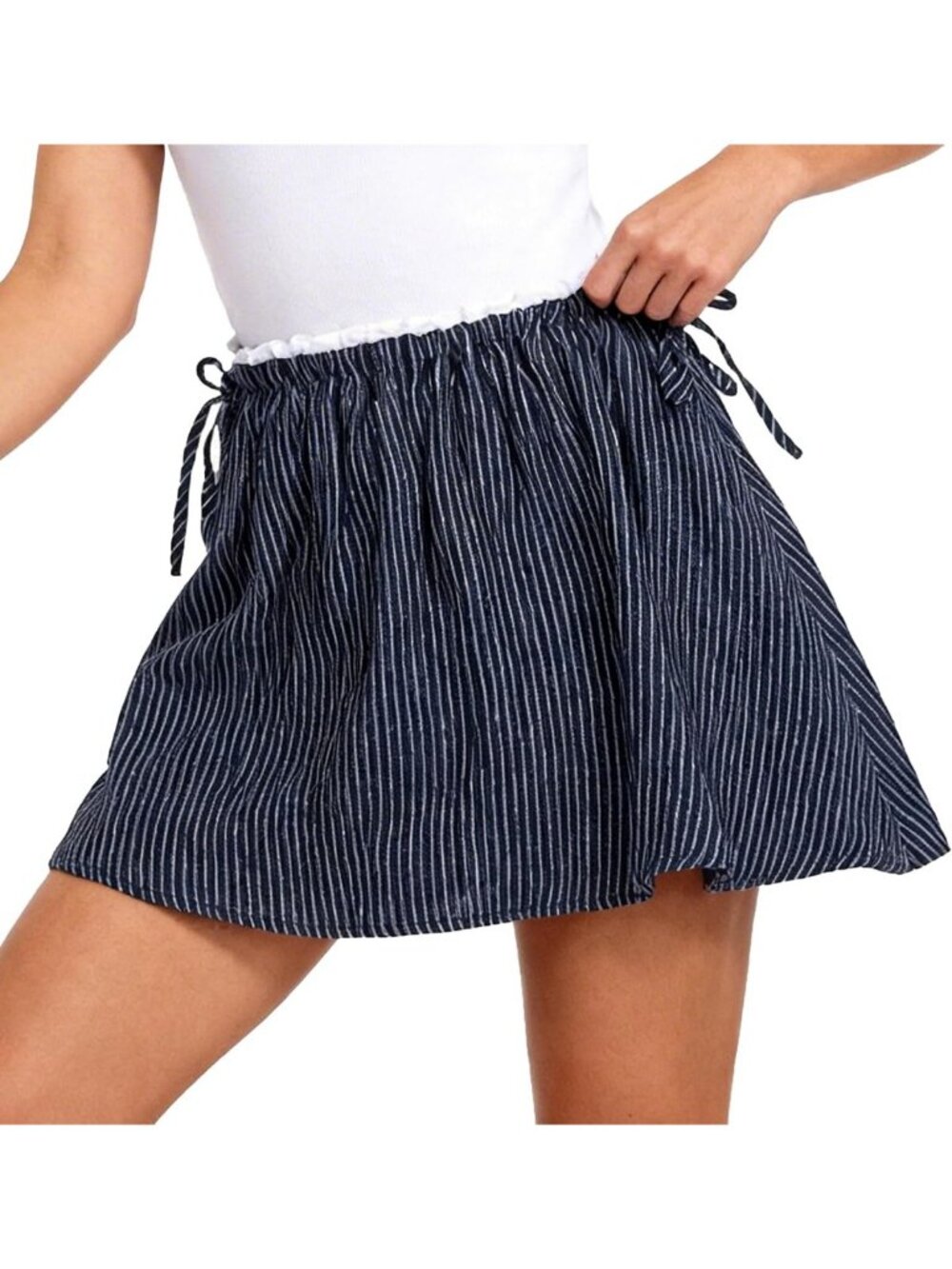 Linen Striped Pleated Mini Skirt with Drawstring Waist for Women - Summer